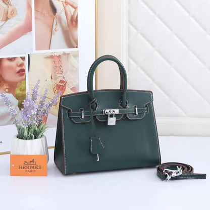 Birkin-Style Handbag With White Contrast Stitching & Silver Hardware