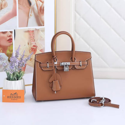 Birkin-Style Handbag With White Contrast Stitching & Silver Hardware