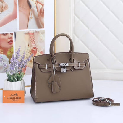 Birkin-Style Handbag With White Contrast Stitching & Silver Hardware