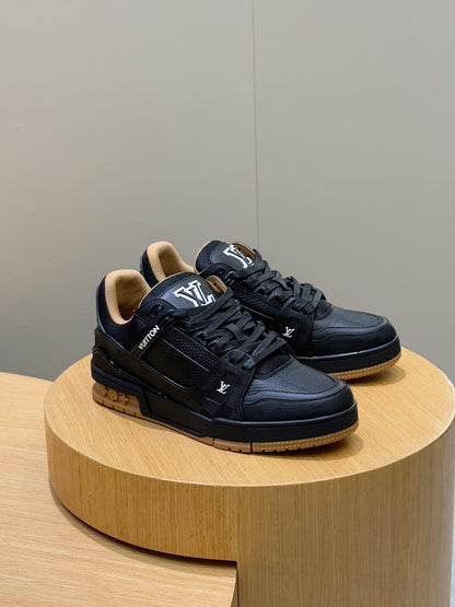 LV Trainer Sneaker In Black Grained Leather And Tan Sole Colorway