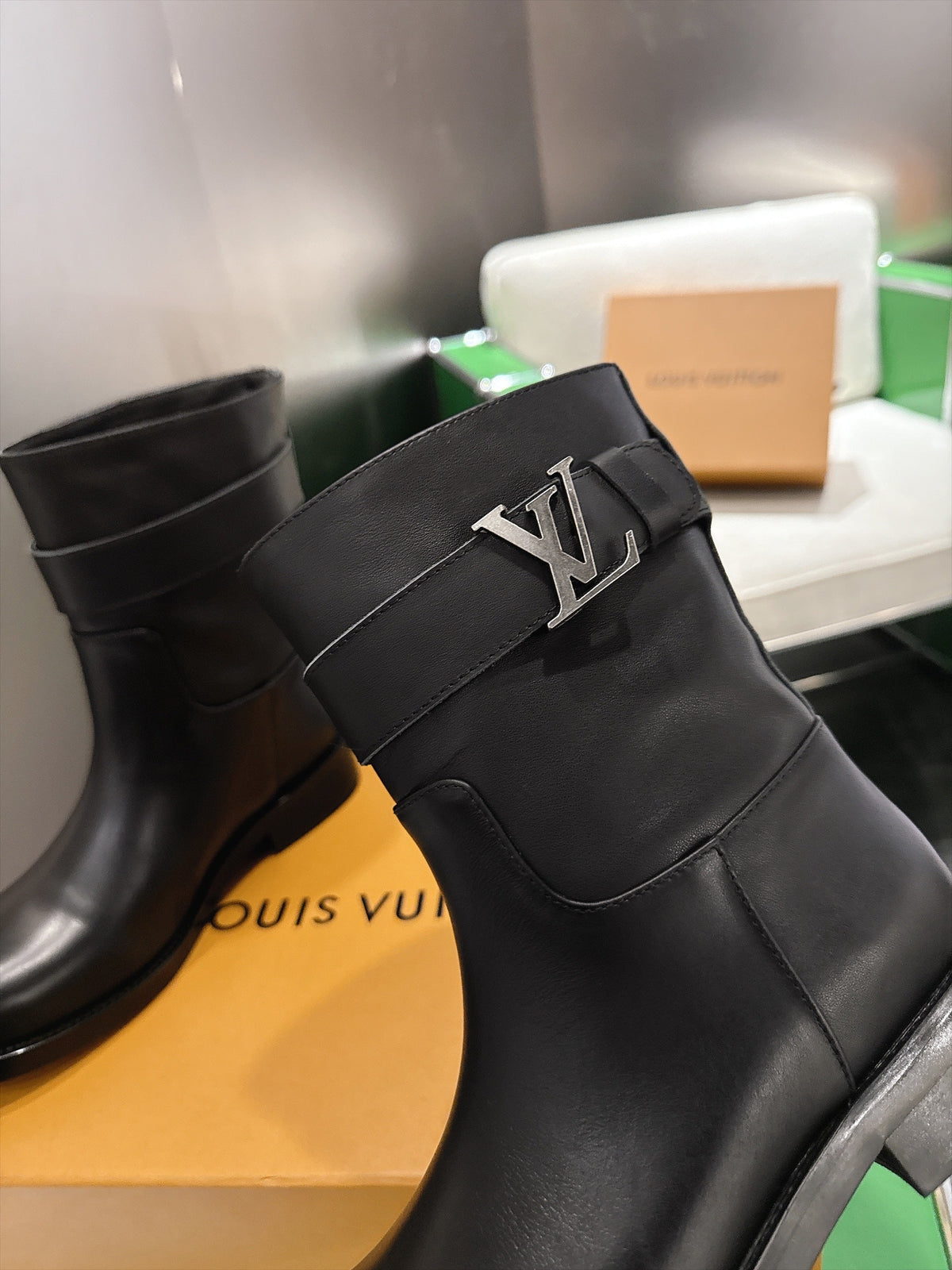 LV Black Mid-Calf Boots With  Decorative Strap And Buckle Detail