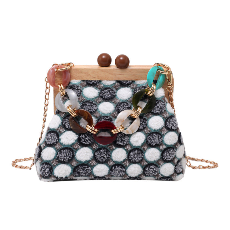 Solid Wood Clip Shoulder Bag Women Plush Color Matching Messenger Bag