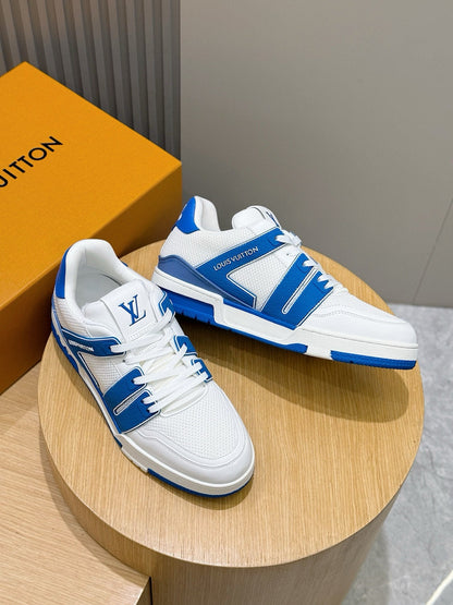White And Royal Blue LV Trainer Sneakers