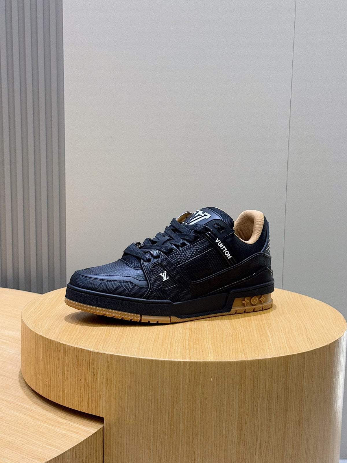 LV Trainer Sneaker In Black Grained Leather And Tan Sole Colorway