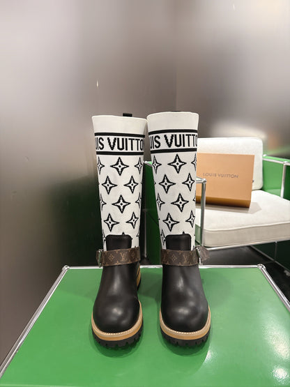 Tall Boots With Striking Black Lower Boot with White Monogram Shaft