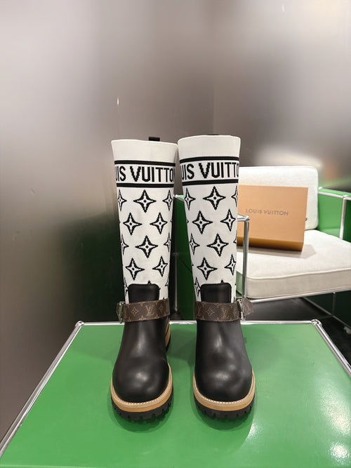 Tall Boots With Striking Black Lower Boot with White Monogram Shaft