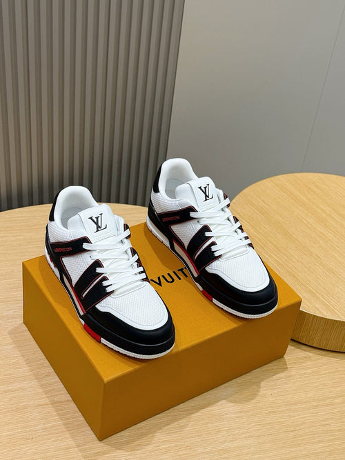 LV Trainer Sneakers In White, Black, And Red Colorway