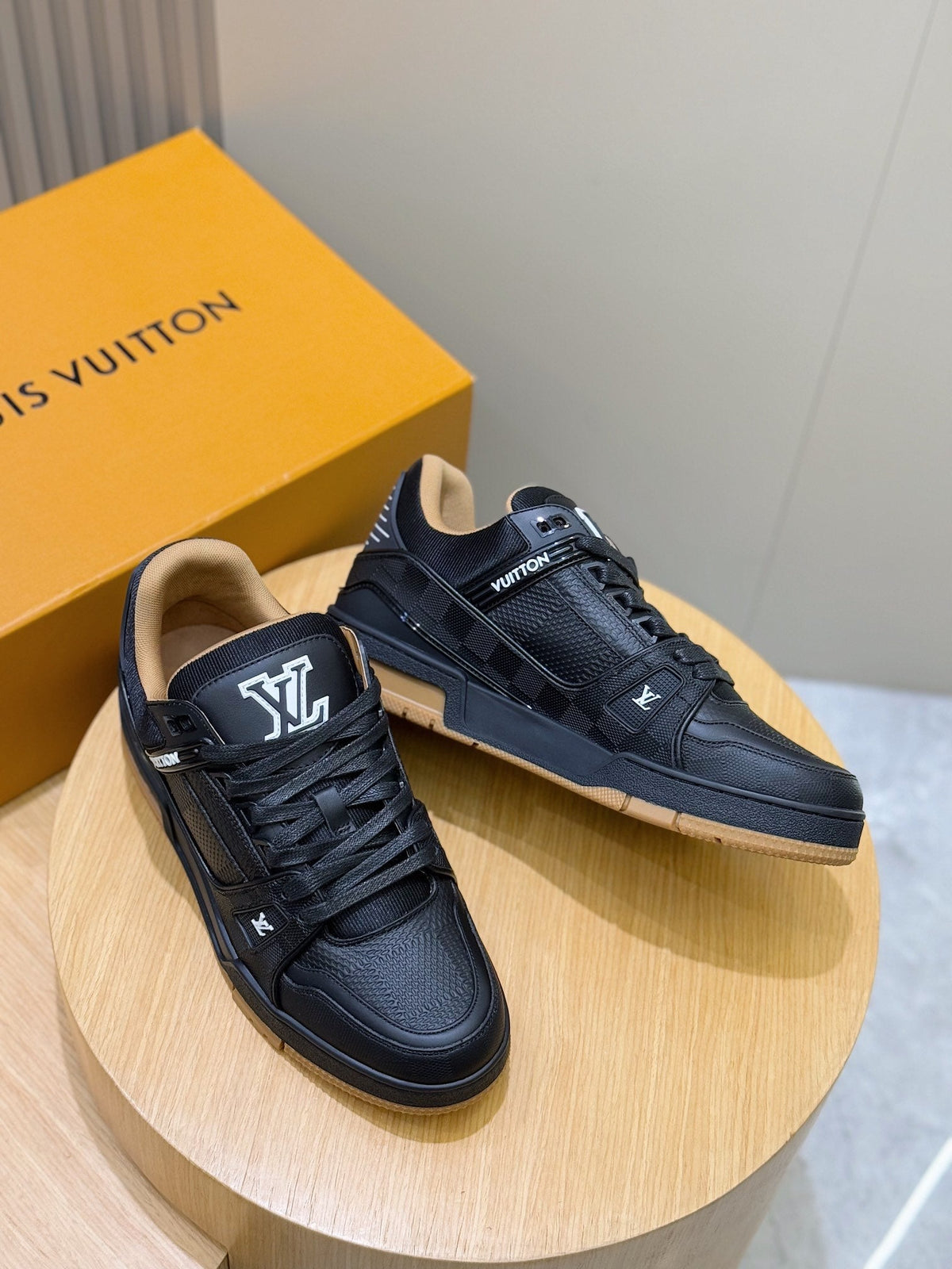 LV Trainer Sneaker In Black Grained Leather And Tan Sole Colorway