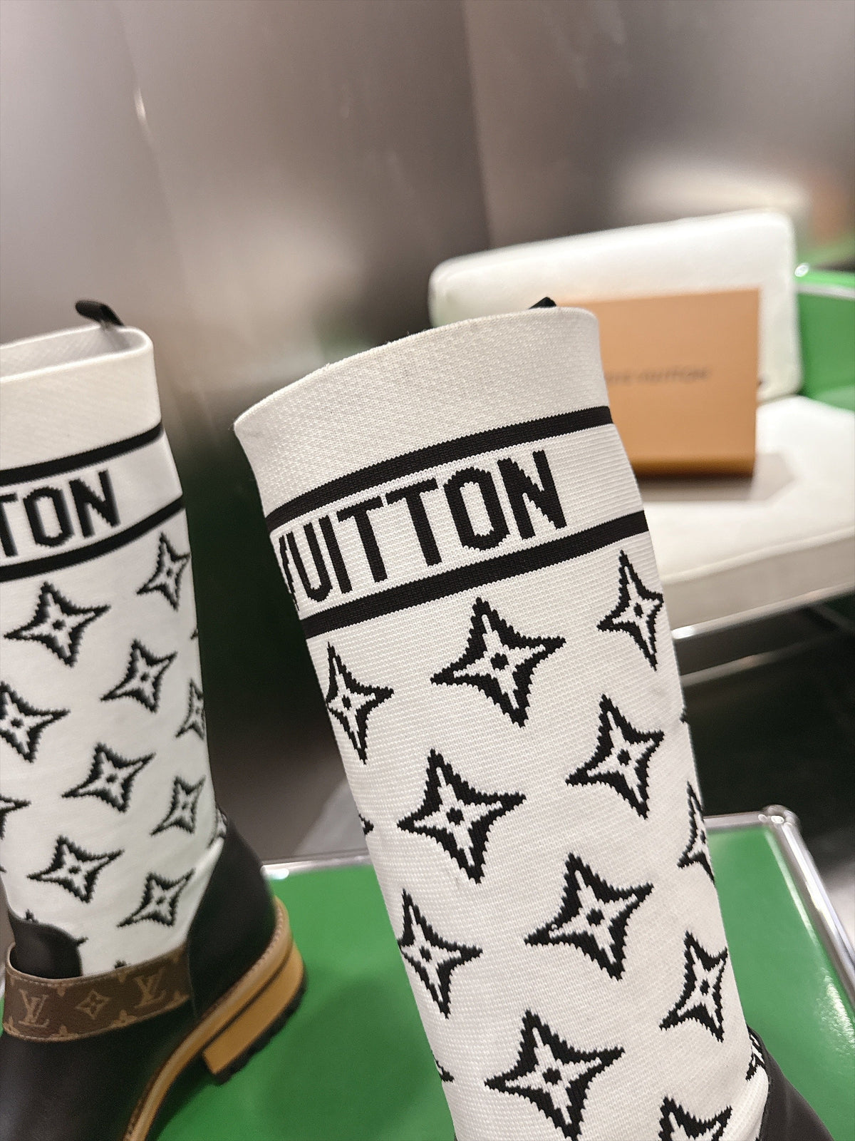 Tall Boots With Striking Black Lower Boot with White Monogram Shaft