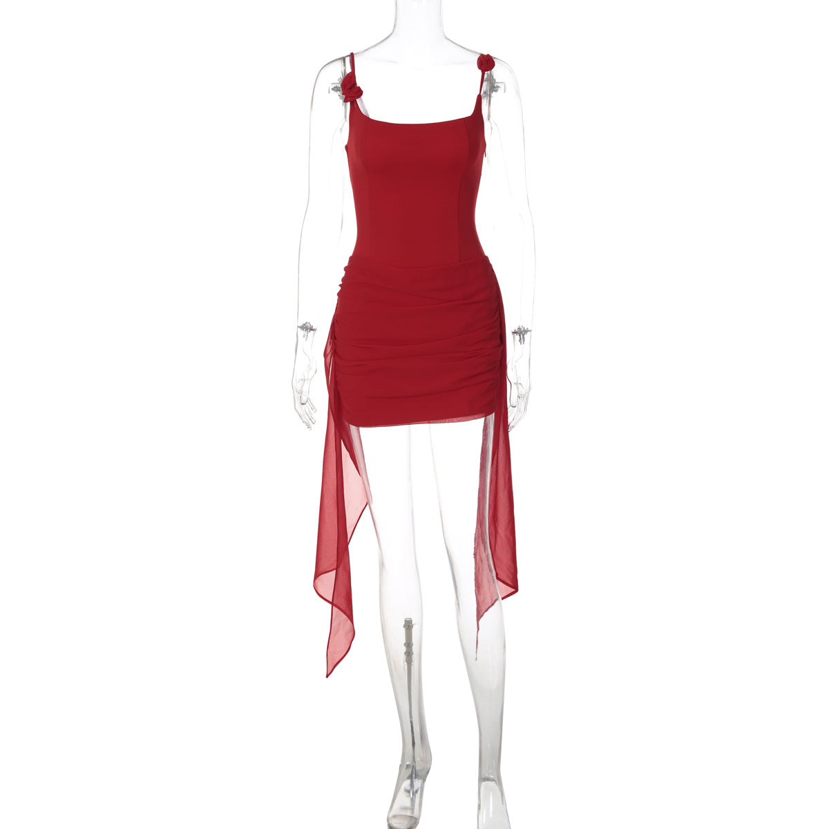 Strap-and-flower Wrap Dress With A Figure-hugging Fit And Flowing Ribbons