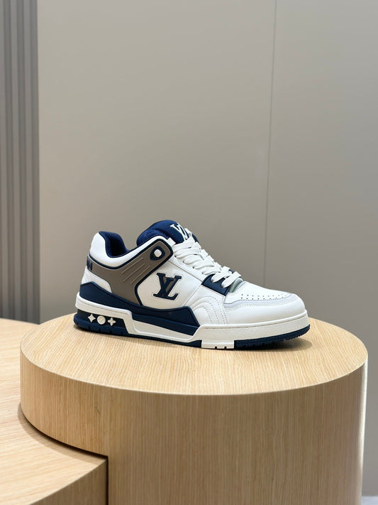 White And Blue LV Trainer Sneaker