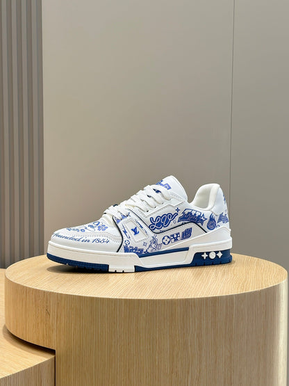 LV White And Blue Graphic Print Low Top Sneakers