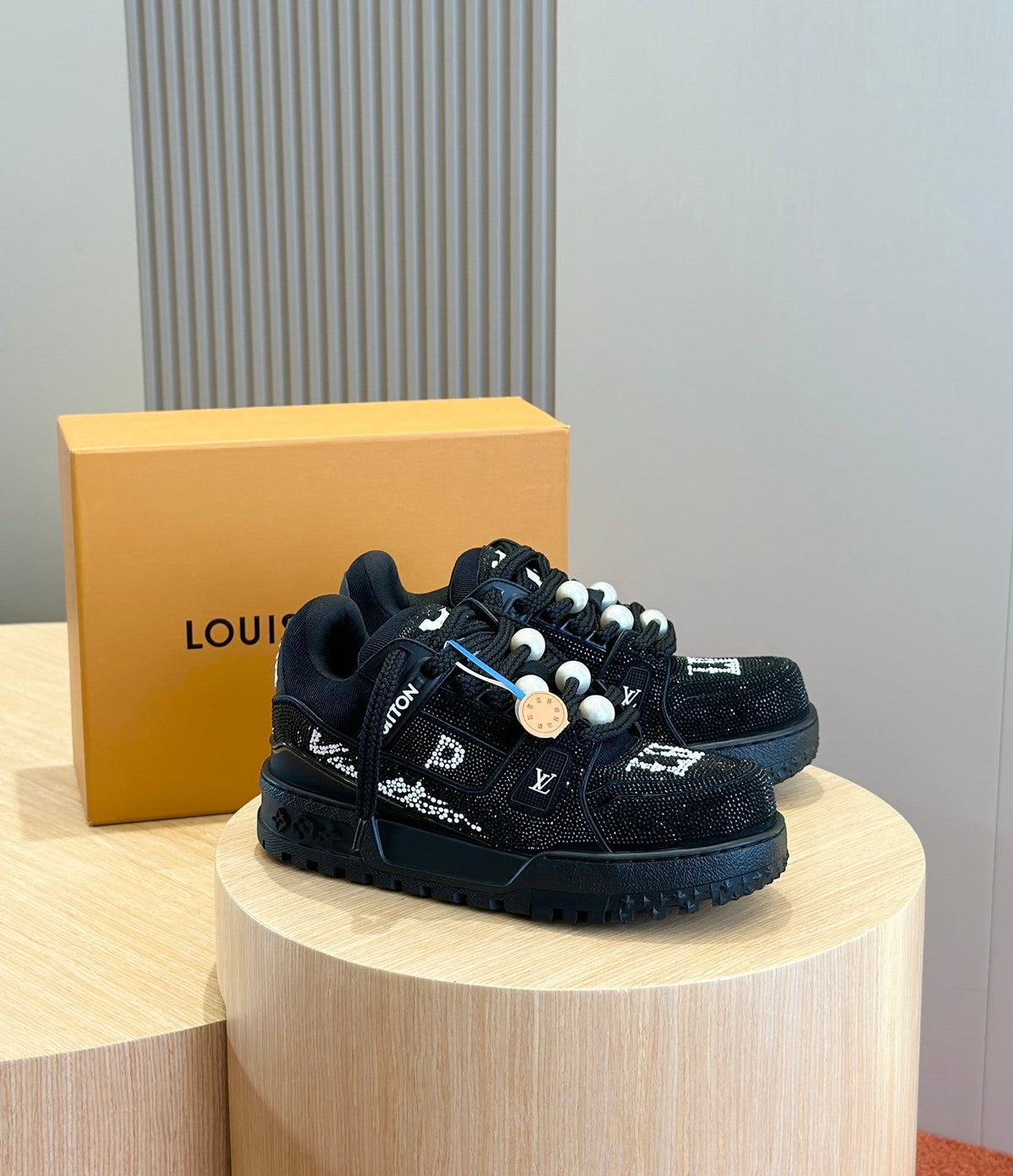 LV Trainer Maxi Sneaker In Black Detailed With Glittering Crystals