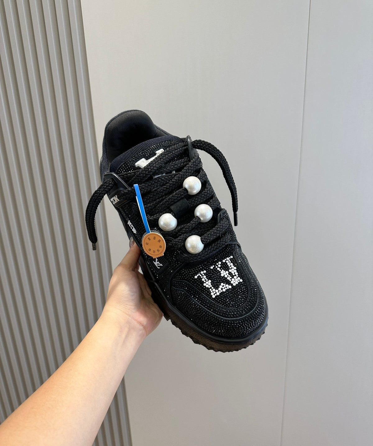 LV Trainer Maxi Sneaker In Black Detailed With Glittering Crystals