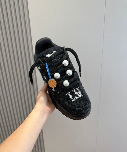 LV Trainer Maxi Sneaker In Black Detailed With Glittering Crystals