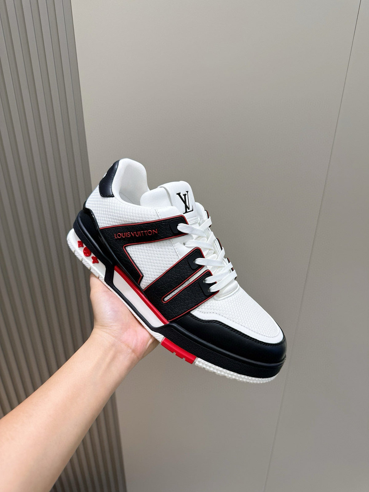 LV Trainer Sneakers In White, Black, And Red Colorway