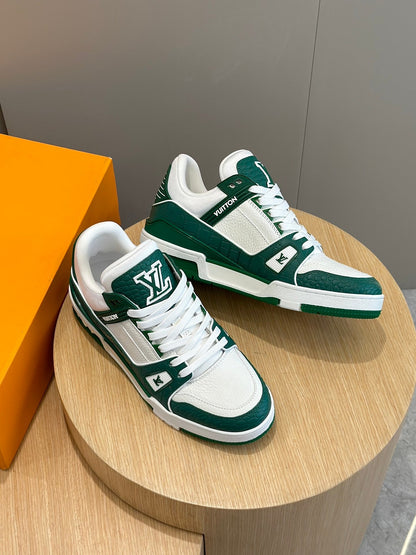 LV Trainer In Green And White With Textured Monogram Finish