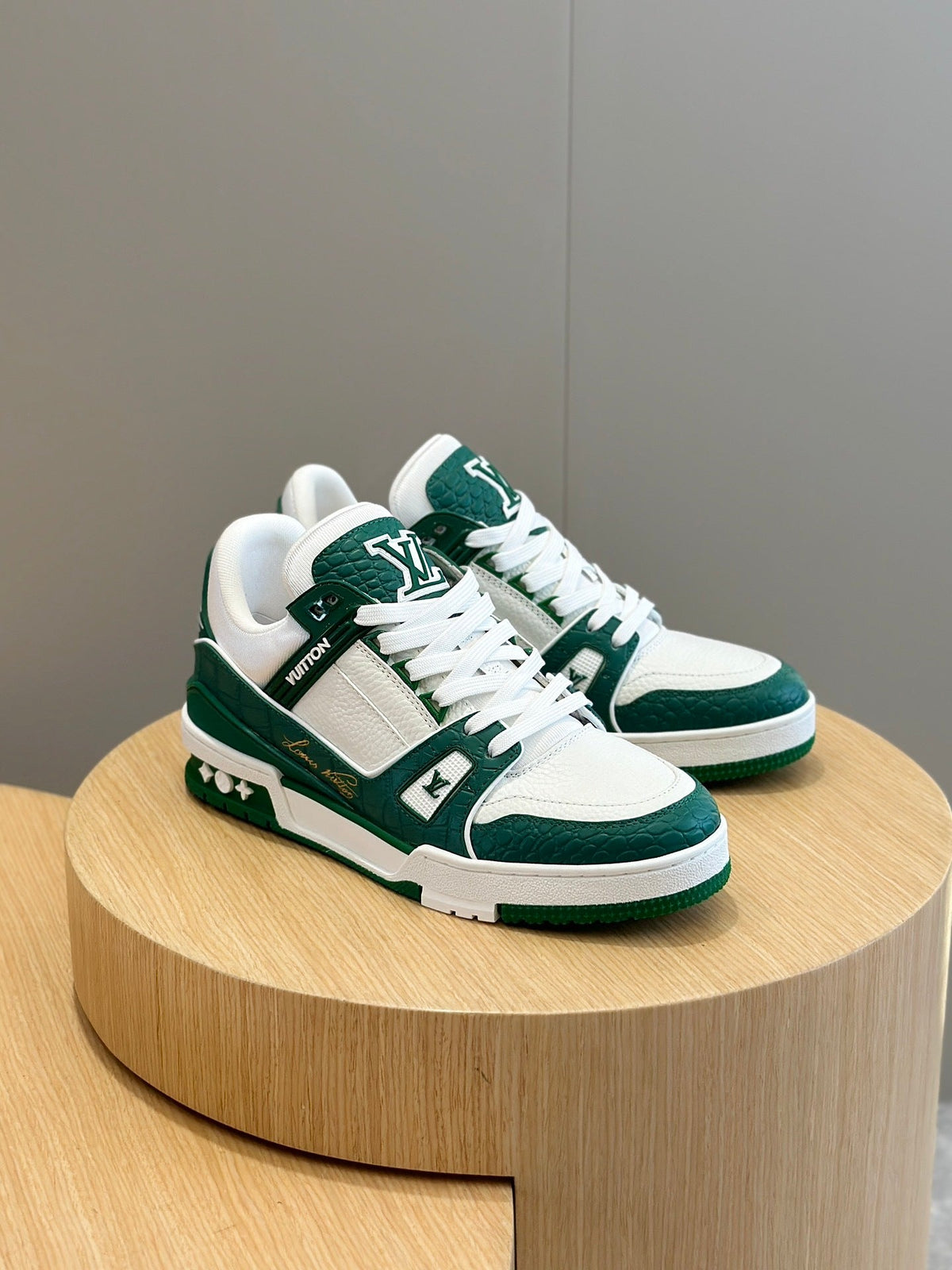 LV Trainer In Green And White With Textured Monogram Finish