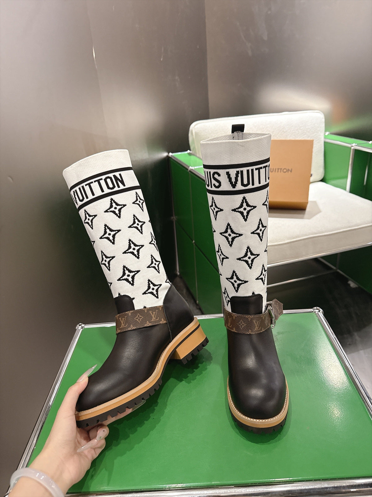 Tall Boots With Striking Black Lower Boot with White Monogram Shaft