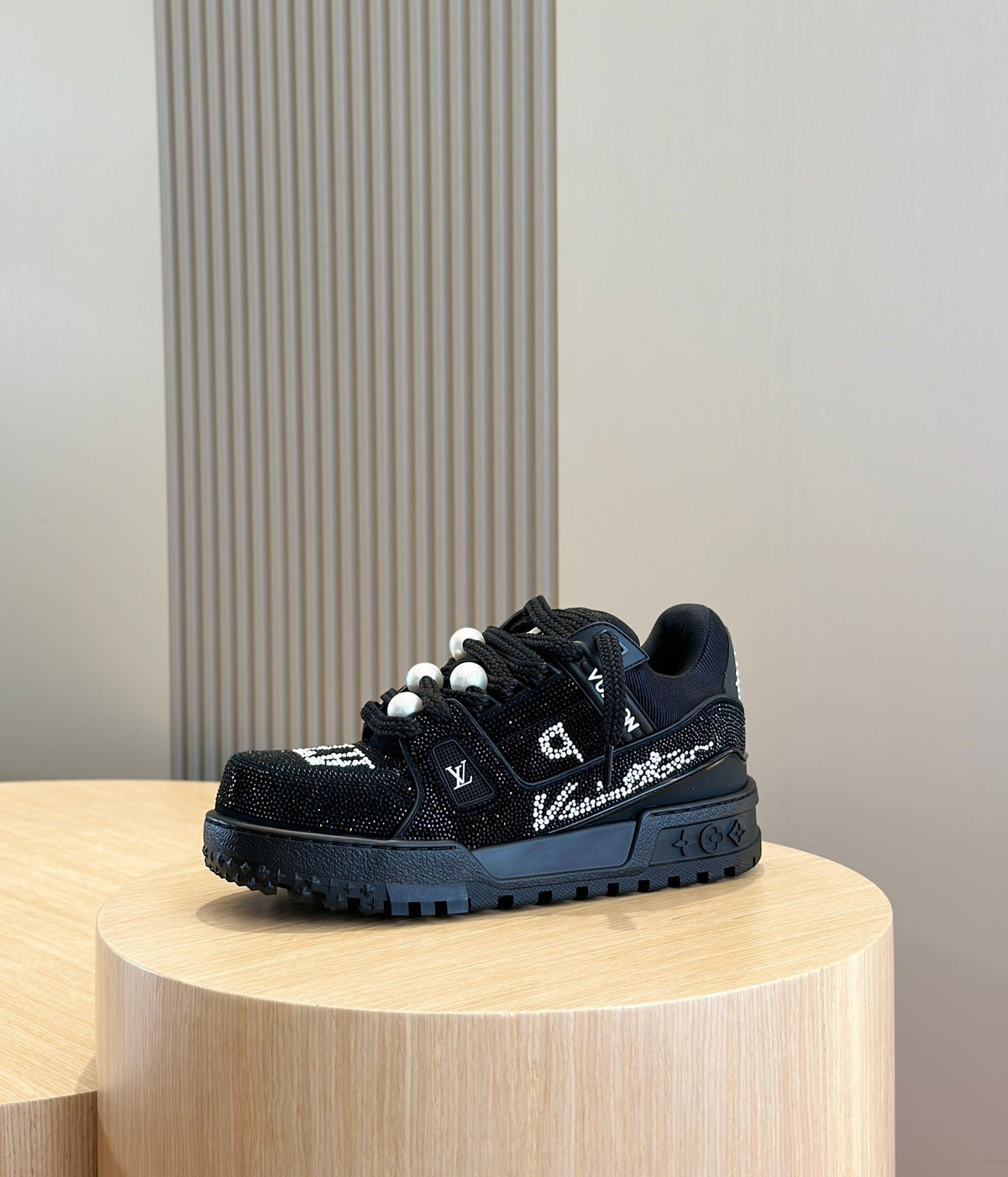 LV Trainer Maxi Sneaker In Black Detailed With Glittering Crystals