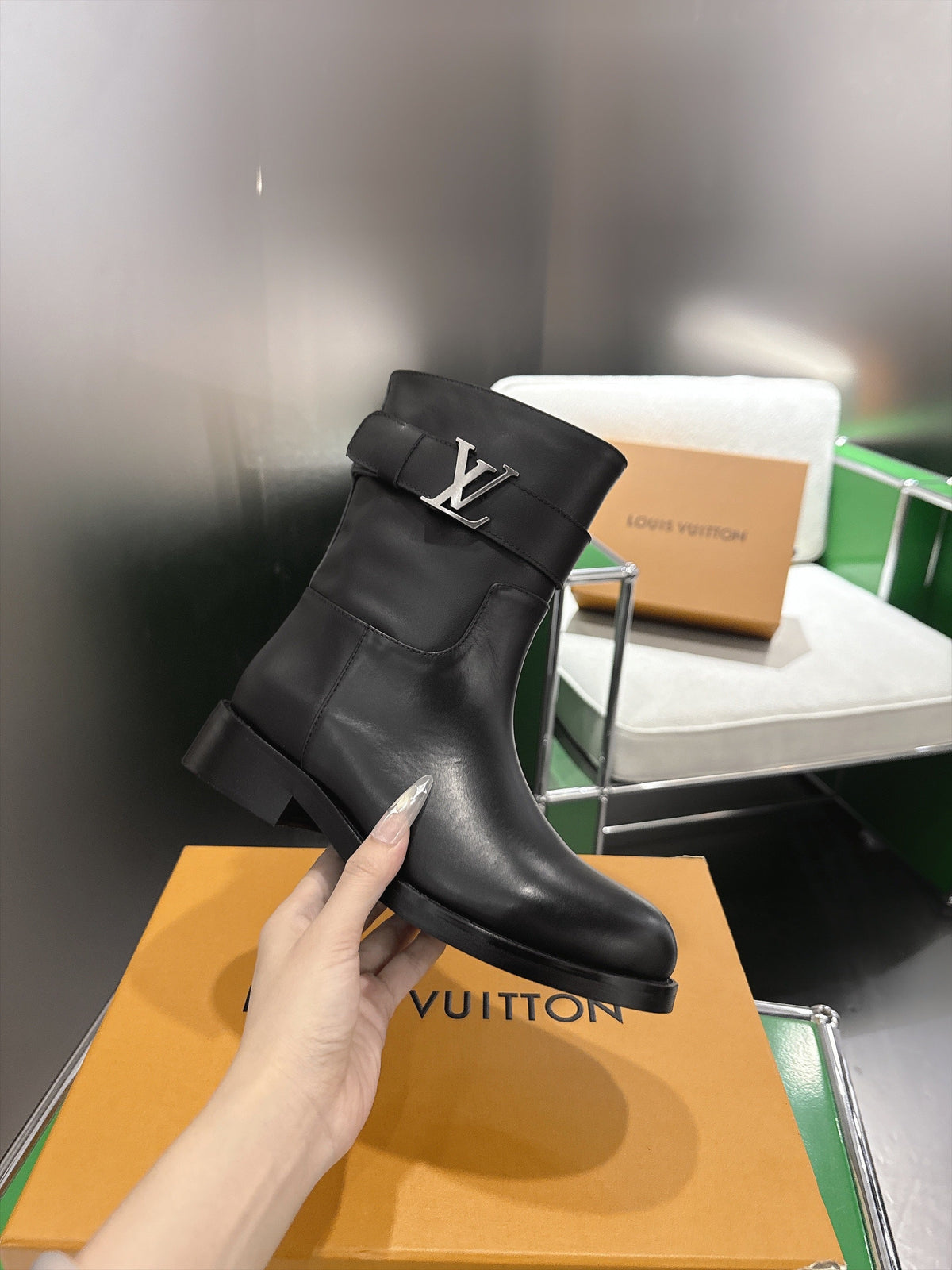 LV Black Mid-Calf Boots With  Decorative Strap And Buckle Detail