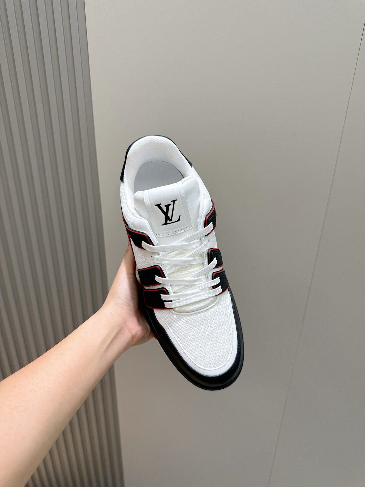 LV Trainer Sneakers In White, Black, And Red Colorway