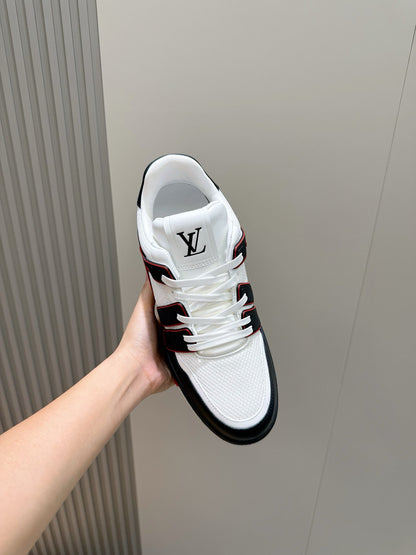 LV Trainer Sneakers In White, Black, And Red Colorway