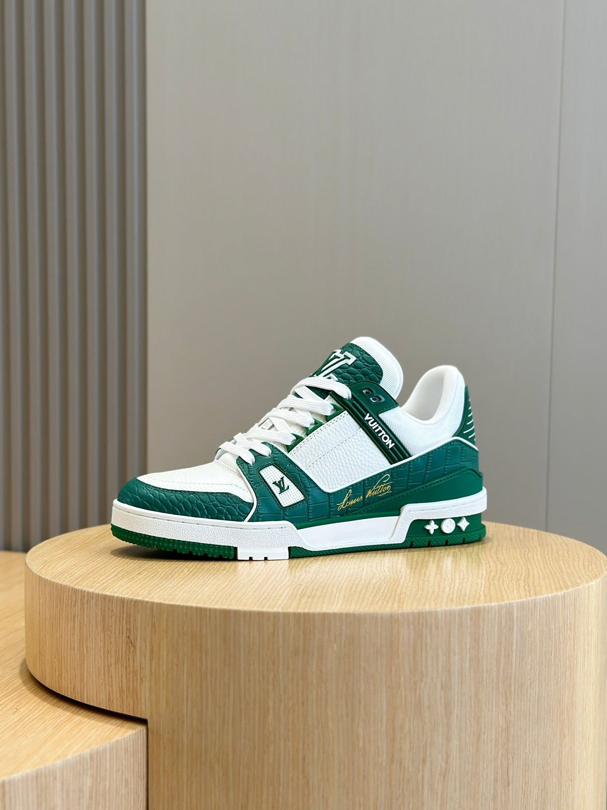LV Trainer In Green And White With Textured Monogram Finish