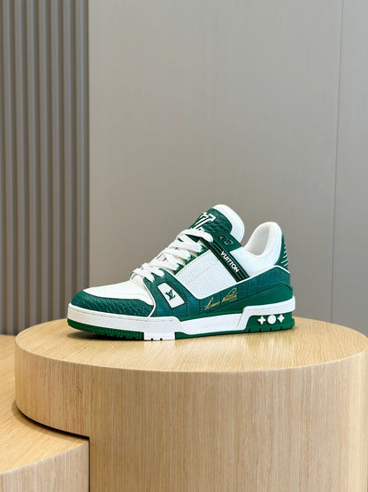 LV Trainer In Green And White With Textured Monogram Finish