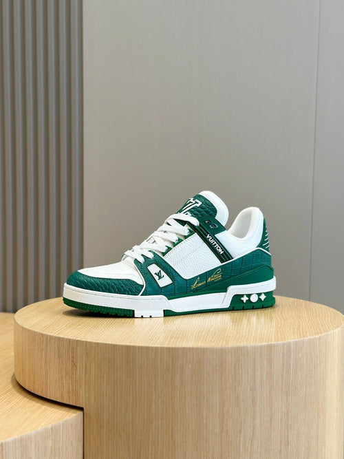 LV Trainer In Green And White With Textured Monogram Finish