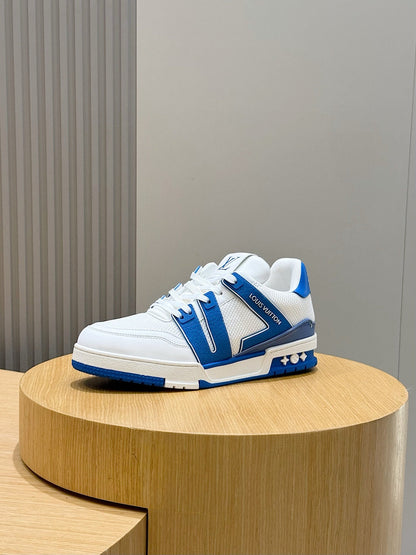 White And Royal Blue LV Trainer Sneakers