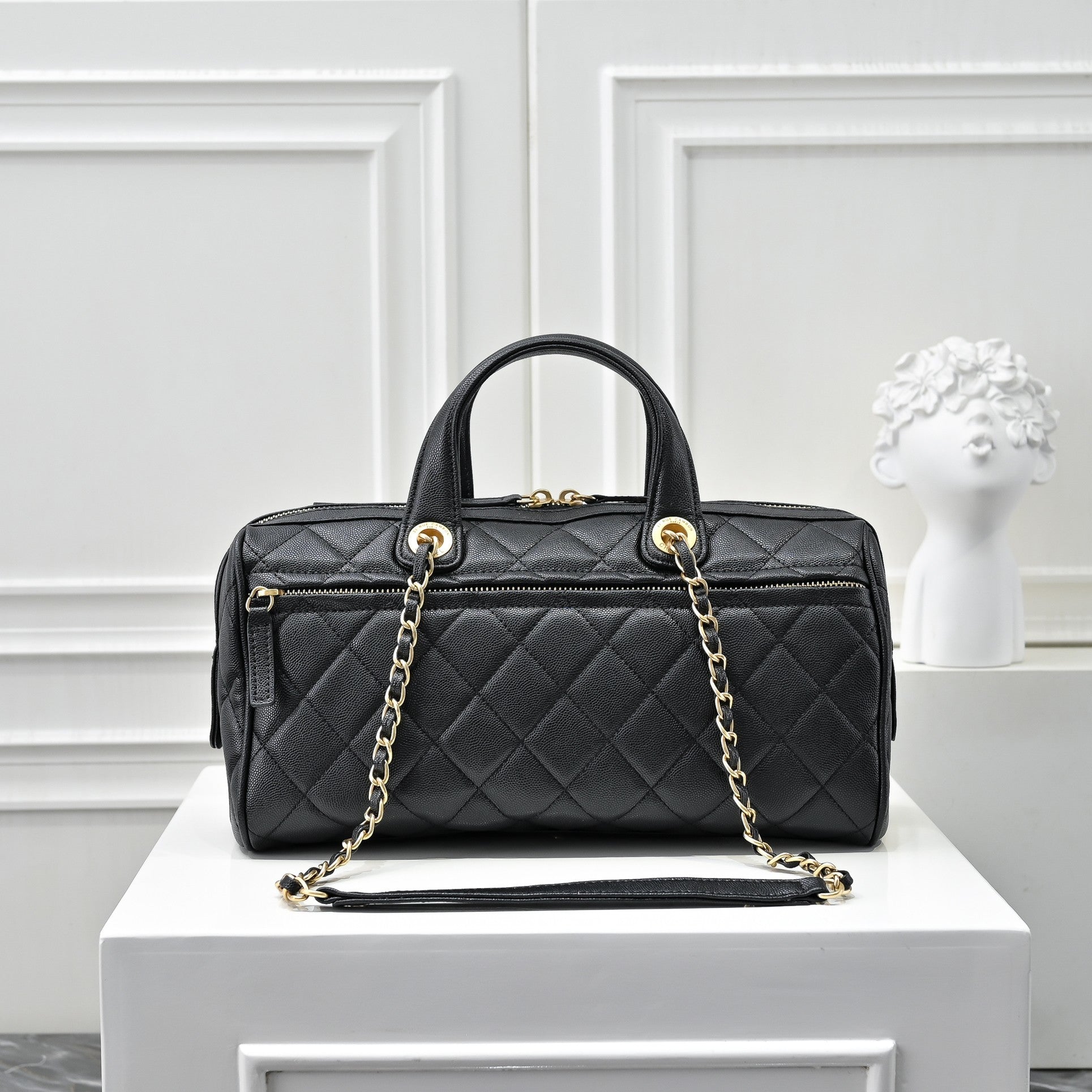 Caviar Quilted Barrel Clutch With Chain