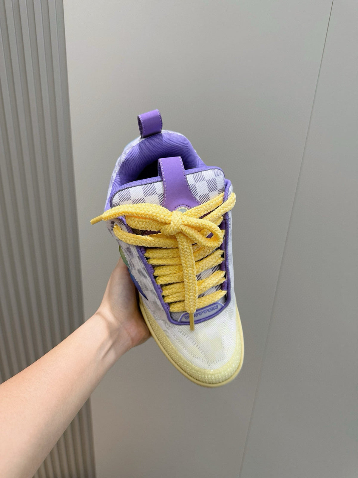 LV Skate Sneaker In Gradient Damier Denim Purple, Yellow And White Colorway