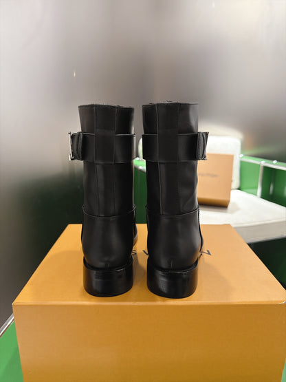 LV Black Mid-Calf Boots With  Decorative Strap And Buckle Detail