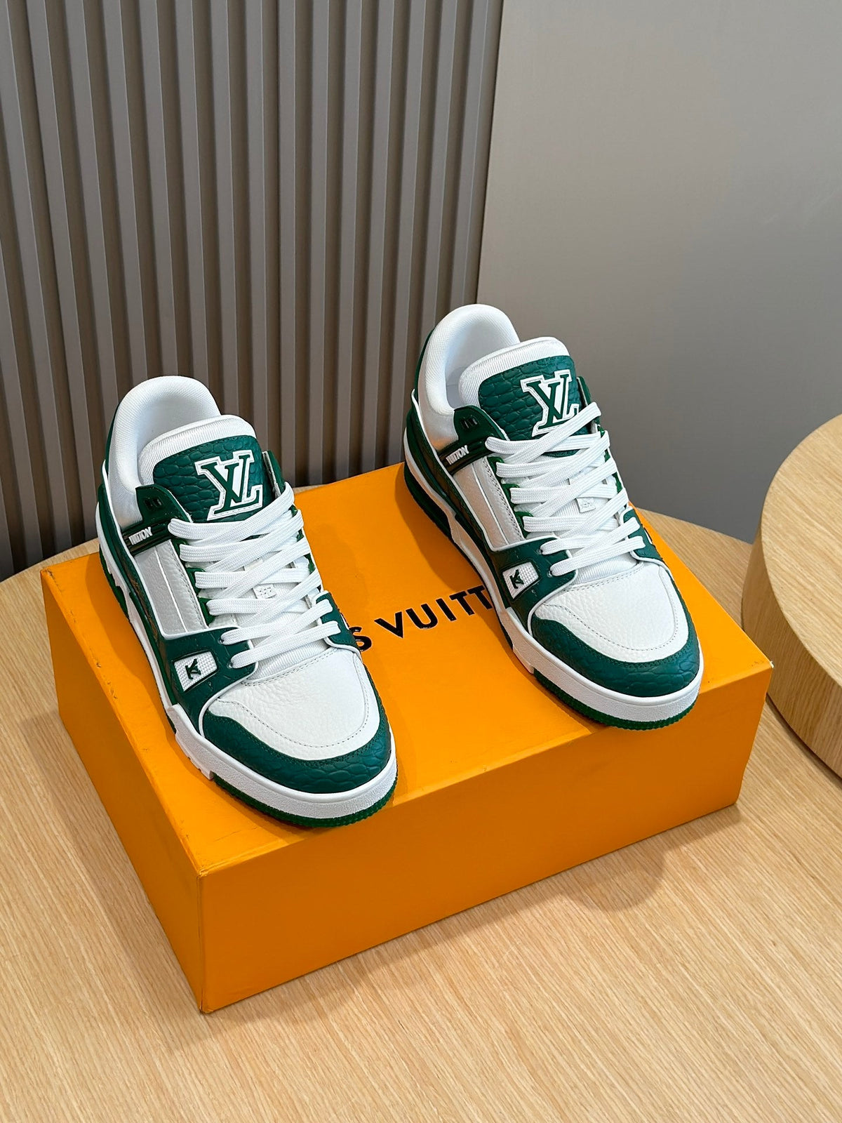 LV Trainer In Green And White With Textured Monogram Finish