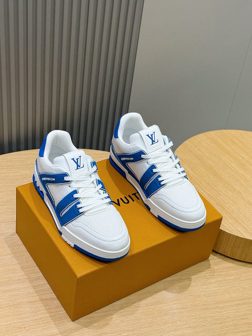 White And Royal Blue LV Trainer Sneakers