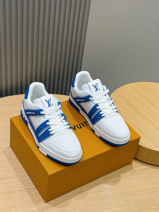 White And Royal Blue LV Trainer Sneakers