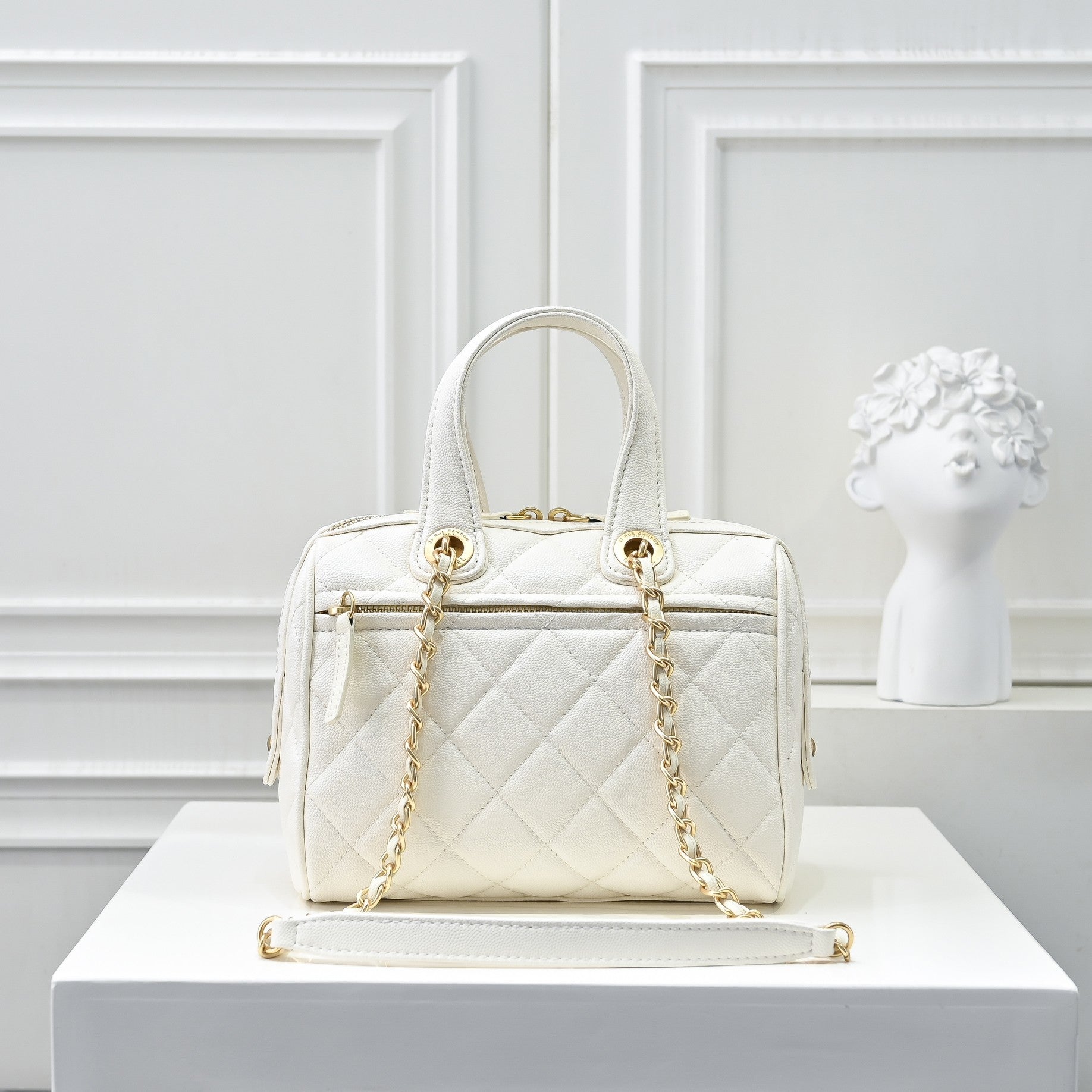 Caviar Quilted Small Bowling Bag White