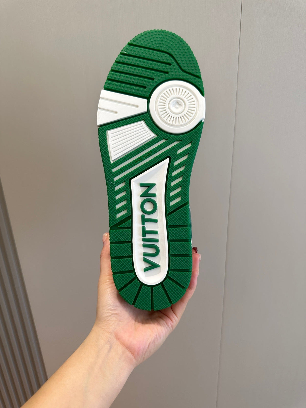LV Trainer In Green And White With Textured Monogram Finish