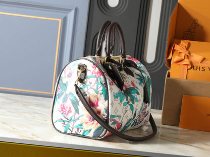 Floral Monogram Boston Bag with Shoulder Strap