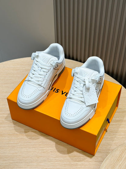 LV Trainer Crisp All-White Leather Toe Detailing