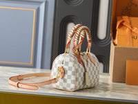 White & Beige Checkered with Tan Braided Handle