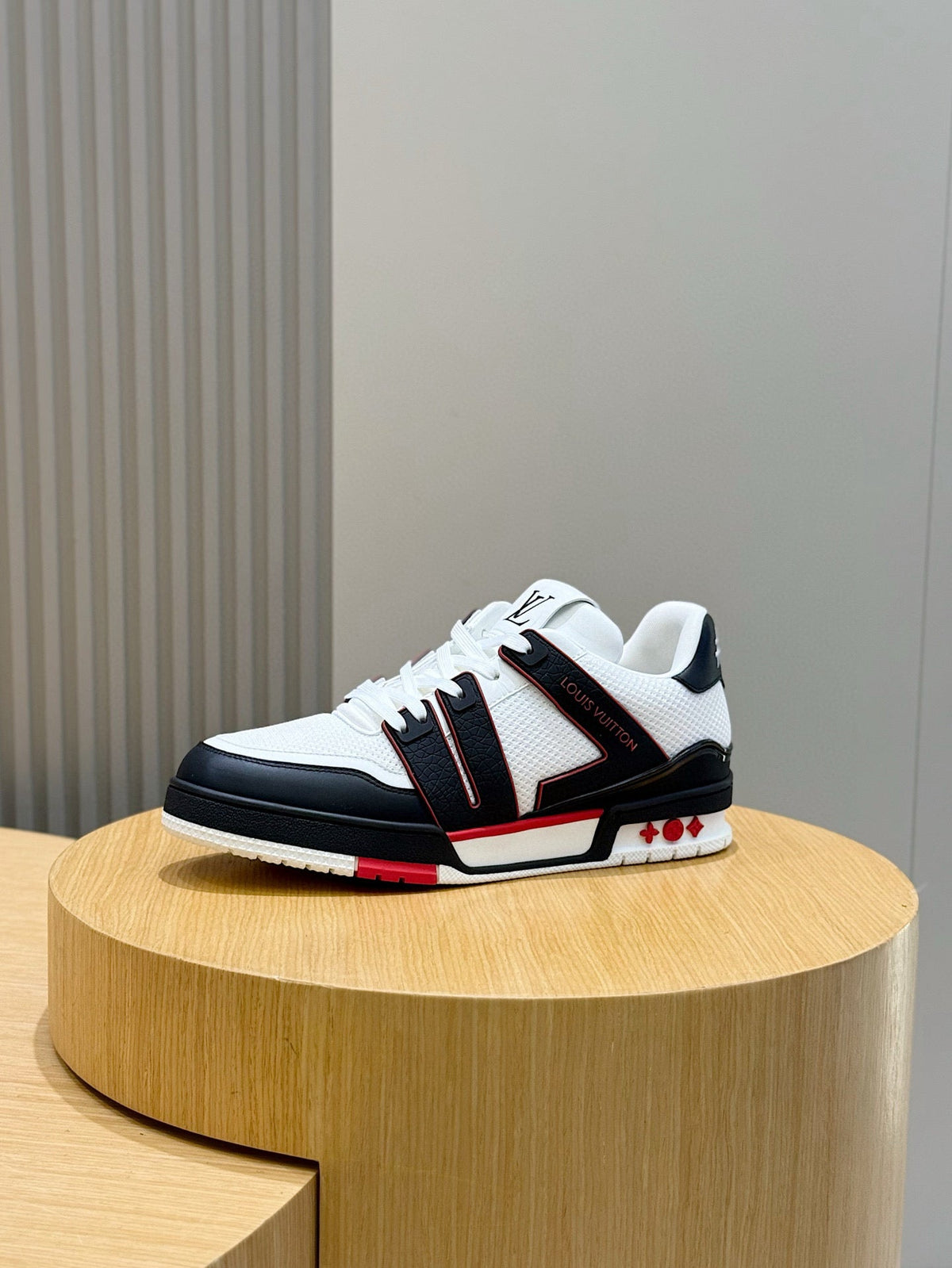 LV Trainer Sneakers In White, Black, And Red Colorway