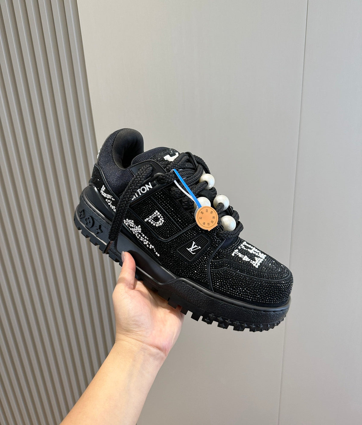 LV Trainer Maxi Sneaker In Black Detailed With Glittering Crystals