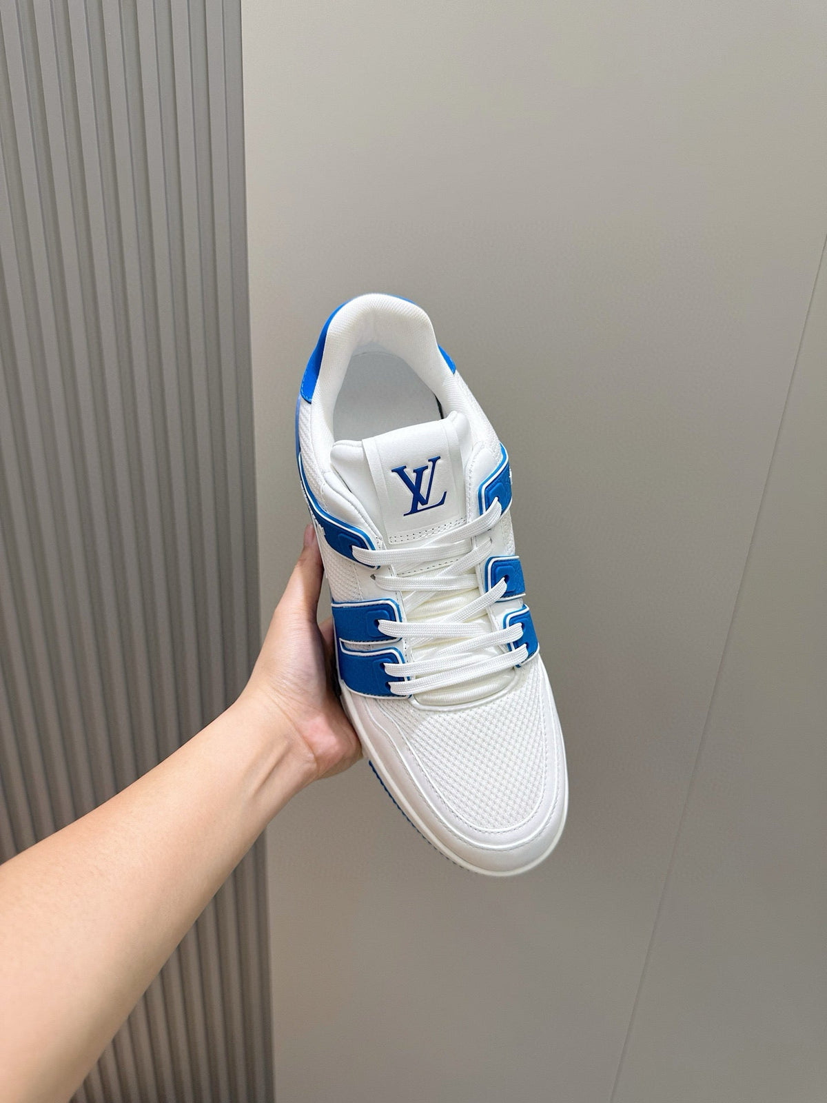 White And Royal Blue LV Trainer Sneakers