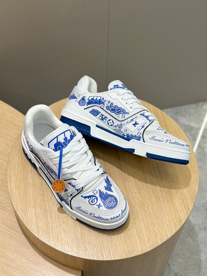 LV White And Blue Graphic Print Low Top Sneakers