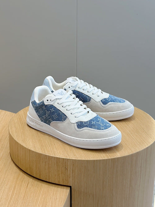 LV Stadium Low Sneaker In Light Blue Denim And White