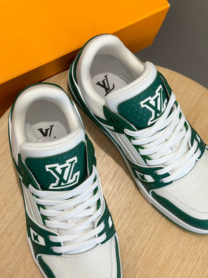 LV Trainer In Green And White With Textured Monogram Finish