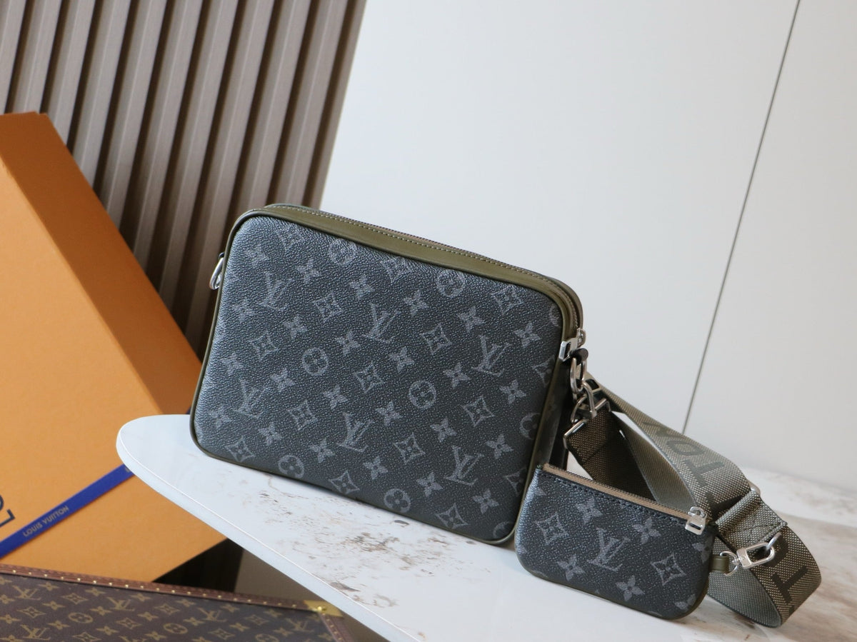 Trio Messenger In Monogram Eclipse Canvas With Khaki-Green Leather Trim
