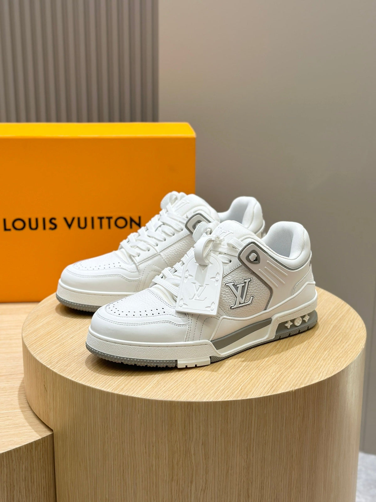 LV Trainer Crisp All-White Leather Toe Detailing